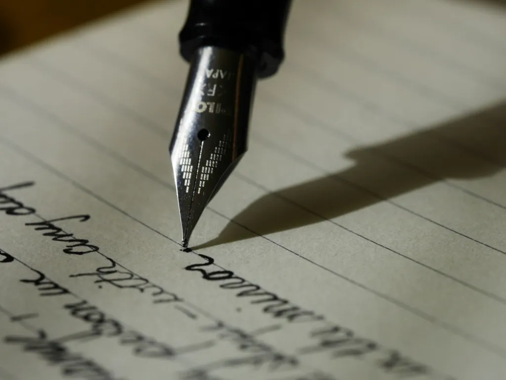 Fountain pen writing a line of cursive handwriting on lined notepaper